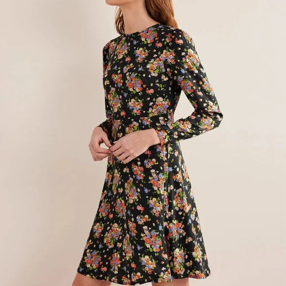 Boden Crew Neck Fit-and-Flare Dress Black, Wild Cluster - Picture 2 of 16